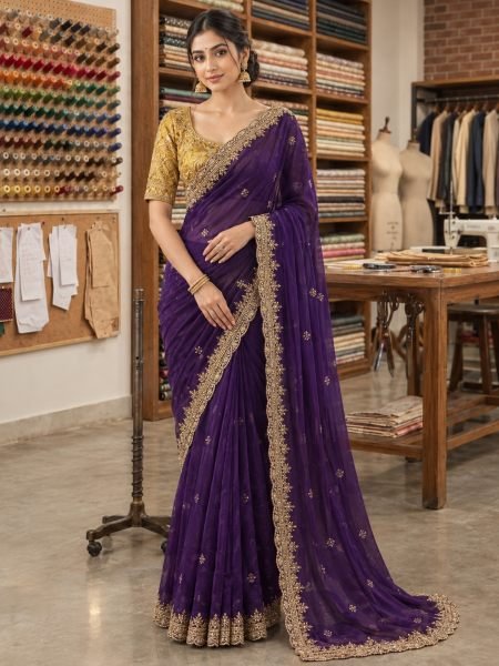 Impressive Purple Georgette Saree with Heavy Contrast Blouse at Wholesale Rate 