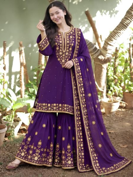 Impressive Purple NC Moss Silk Top Sharara Dupatta Set with Heavy Embroidery  