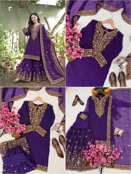 Impressive Purple NC Moss Silk Top Sharara Dupatta Set with Heavy Embroidery  Ready To Wear Collection