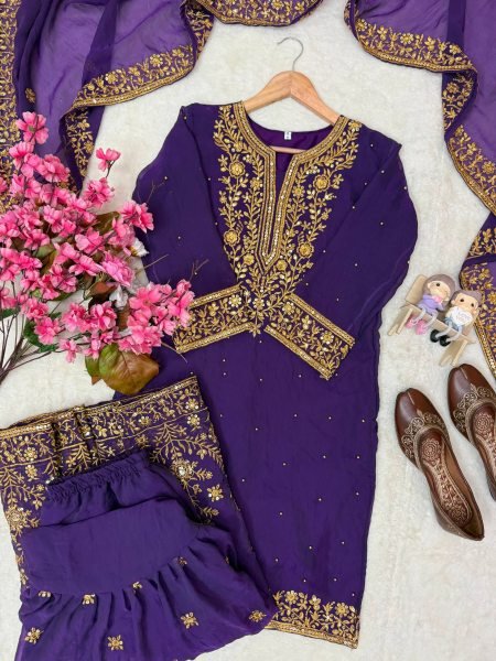 Impressive Purple NC Moss Silk Top Sharara Dupatta Set with Heavy Embroidery  Ready To Wear Collection