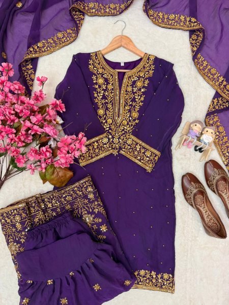 Impressive Purple NC Moss Silk Top Sharara Dupatta Set with Heavy Embroidery  Ready To Wear Collection