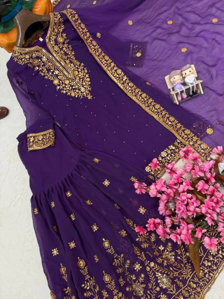 Impressive Purple NC Moss Silk Top Sharara Dupatta Set with Heavy Embroidery  Ready To Wear Collection
