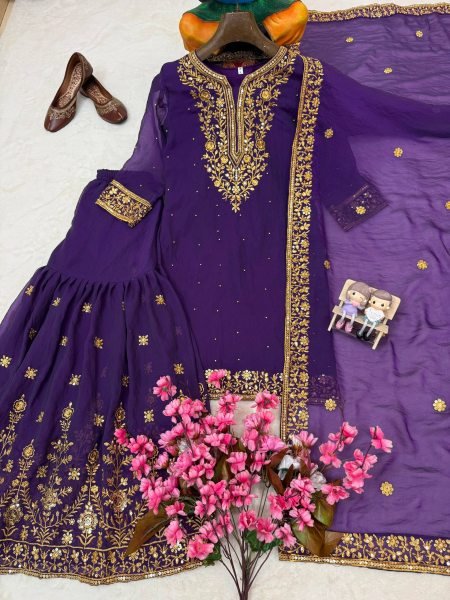 Impressive Purple NC Moss Silk Top Sharara Dupatta Set with Heavy Embroidery  Ready To Wear Collection