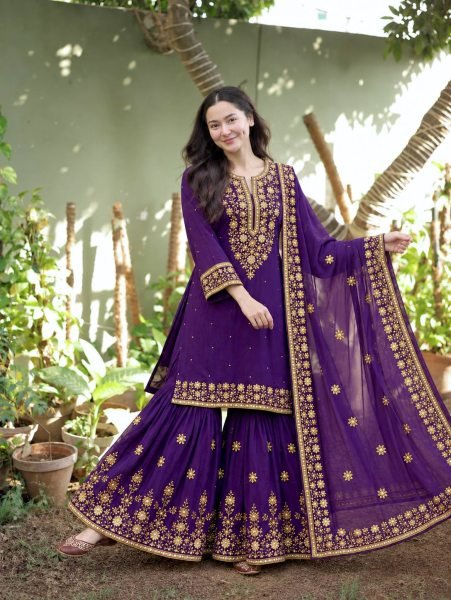 Impressive Purple NC Moss Silk Top Sharara Dupatta Set with Heavy Embroidery  Ready To Wear Collection