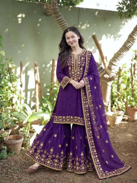 Impressive Purple NC Moss Silk Top Sharara Dupatta Set with Heavy Embroidery  Ready To Wear Collection