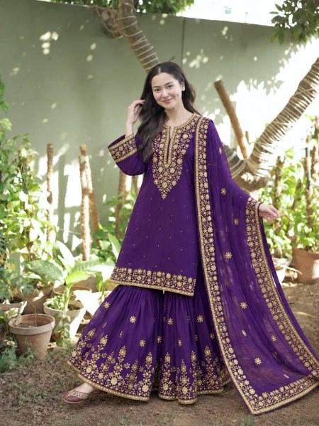 Impressive Purple NC Moss Silk Top Sharara Dupatta Set with Heavy Embroidery  Ready To Wear Collection