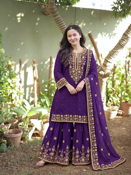 Impressive Purple NC Moss Silk Top Sharara Dupatta Set with Heavy Embroidery  Ready To Wear Collection