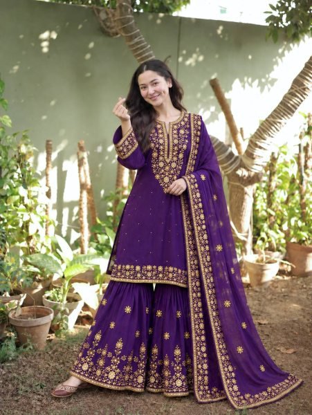 Impressive Purple NC Moss Silk Top Sharara Dupatta Set with Heavy Embroidery  Ready To Wear Collection