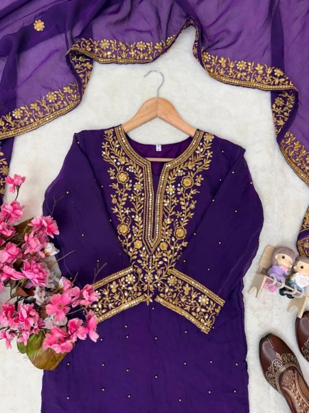 Impressive Purple NC Moss Silk Top Sharara Dupatta Set with Heavy Embroidery  Ready To Wear Collection