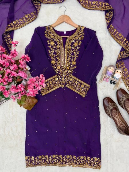 Impressive Purple NC Moss Silk Top Sharara Dupatta Set with Heavy Embroidery  Ready To Wear Collection