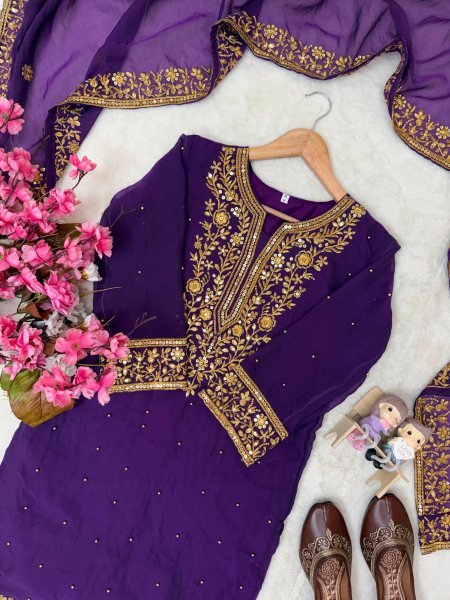 Impressive Purple NC Moss Silk Top Sharara Dupatta Set with Heavy Embroidery  Ready To Wear Collection