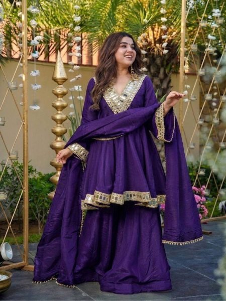 Impressive Purple Ready to Wear Chinon Silk Suit with Matching Bottom and Dupatta for Glamourous Look  Ready To Wear Suit