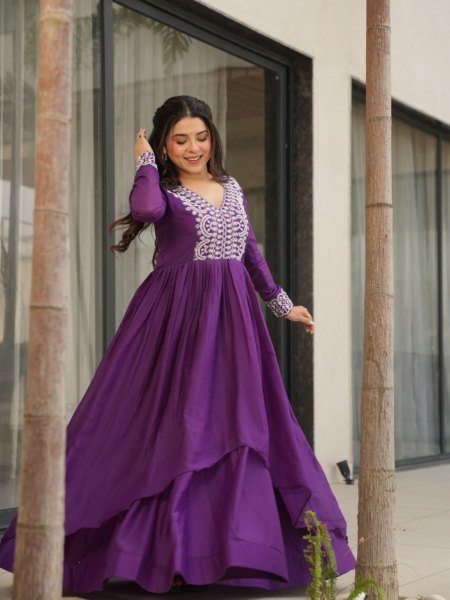 Impressive Purple Embroidered Georgette Gown for Women Elegant Party Look Anarkali Kurtis 
