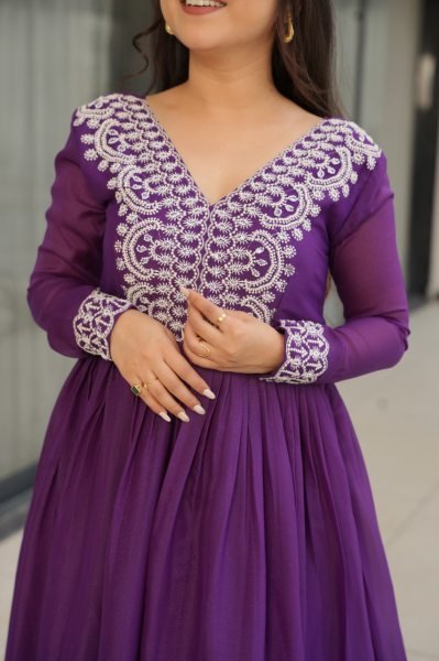 Impressive Purple Embroidered Georgette Gown for Women Elegant Party Look Georgette Kurti 