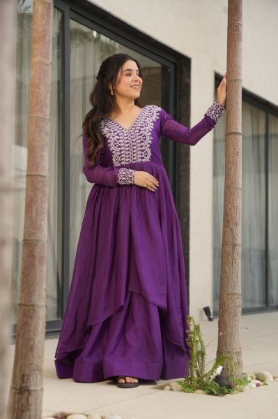 Impressive Purple Embroidered Georgette Gown for Women Elegant Party Look Georgette Kurti 