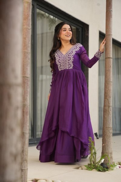 Impressive Purple Embroidered Georgette Gown for Women Elegant Party Look Georgette Kurti 