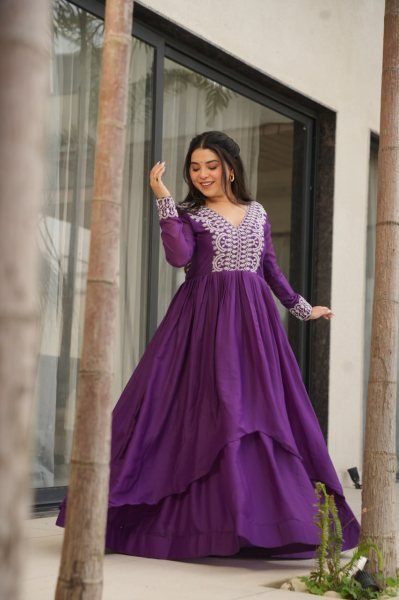 Impressive Purple Embroidered Georgette Gown for Women Elegant Party Look Georgette Kurti 
