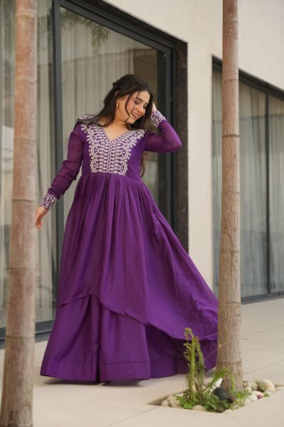 Impressive Purple Embroidered Georgette Gown for Women Elegant Party Look Georgette Kurti 