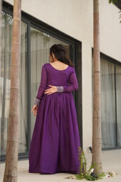 Impressive Purple Embroidered Georgette Gown for Women Elegant Party Look Georgette Kurti 