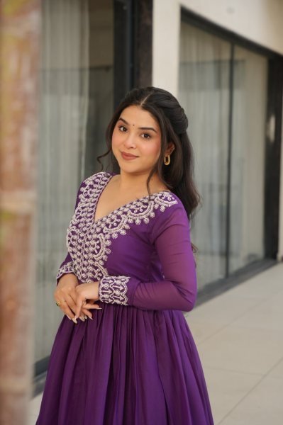 Impressive Purple Embroidered Georgette Gown for Women Elegant Party Look Georgette Kurti 