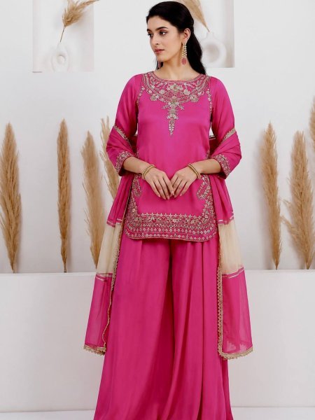 Impressive Rani Pink Natural Crepe Silk Palazzo Suit with Apple Cut Embroidery Work Ready To Wear Suit
