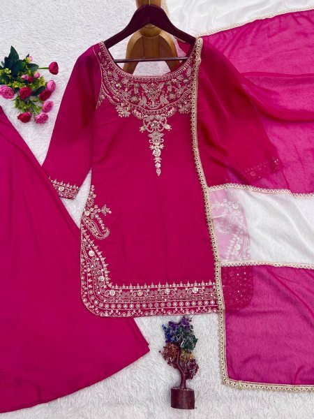 Impressive Rani Pink Natural Crepe Silk Palazzo Suit with Apple Cut Embroidery Work Ready To Wear Collection