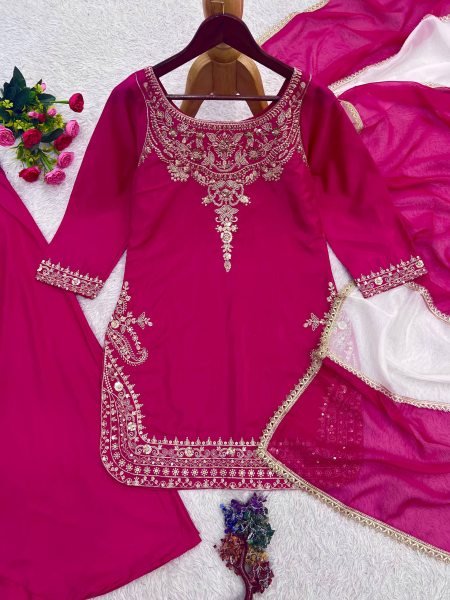 Impressive Rani Pink Natural Crepe Silk Palazzo Suit with Apple Cut Embroidery Work Ready To Wear Collection