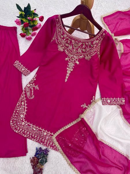 Impressive Rani Pink Natural Crepe Silk Palazzo Suit with Apple Cut Embroidery Work Ready To Wear Collection