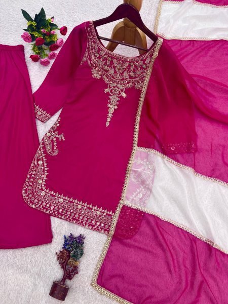 Impressive Rani Pink Natural Crepe Silk Palazzo Suit with Apple Cut Embroidery Work Ready To Wear Collection