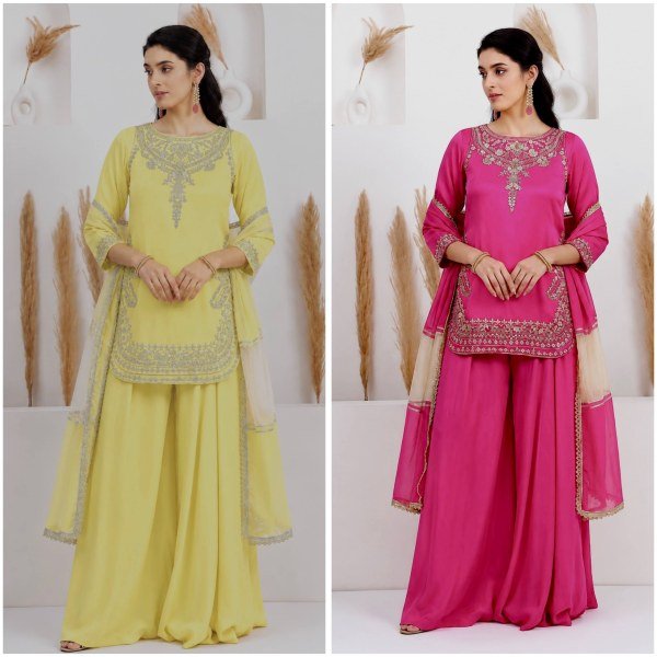 Impressive Rani Pink Natural Crepe Silk Palazzo Suit with Apple Cut Embroidery Work Ready To Wear Collection