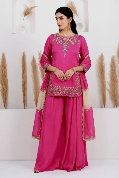 Impressive Rani Pink Natural Crepe Silk Palazzo Suit with Apple Cut Embroidery Work Ready To Wear Collection