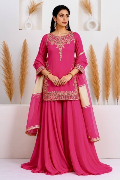 Impressive Rani Pink Natural Crepe Silk Palazzo Suit with Apple Cut Embroidery Work Ready To Wear Collection
