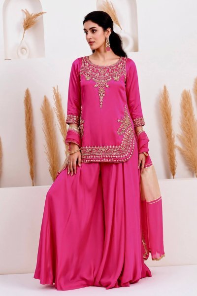 Impressive Rani Pink Natural Crepe Silk Palazzo Suit with Apple Cut Embroidery Work Ready To Wear Collection