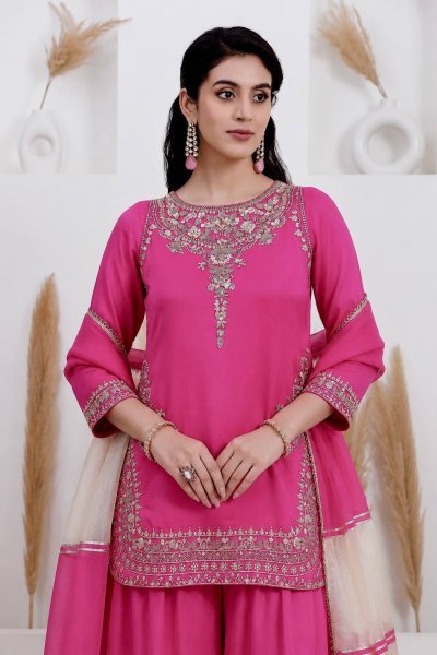 Impressive Rani Pink Natural Crepe Silk Palazzo Suit with Apple Cut Embroidery Work Ready To Wear Collection