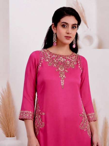 Impressive Rani Pink Natural Crepe Silk Palazzo Suit with Apple Cut Embroidery Work Ready To Wear Collection
