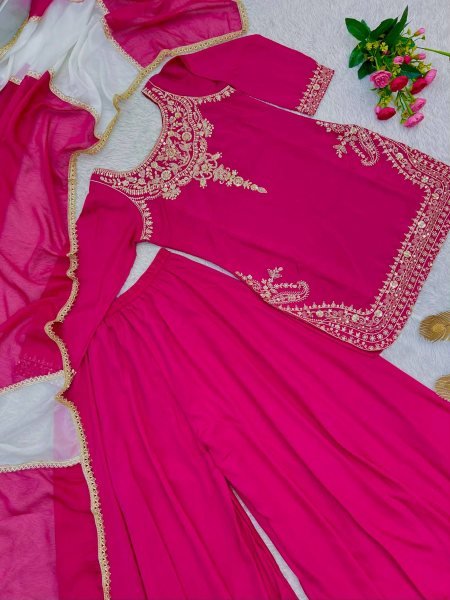 Impressive Rani Pink Natural Crepe Silk Palazzo Suit with Apple Cut Embroidery Work Ready To Wear Collection