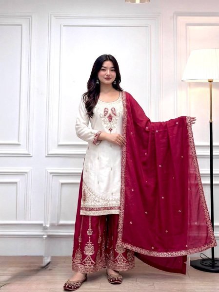 Impressive Rani Pink Ready to Wear Chinon Silk Embroidered Top Palazzo Dupatta Set Ready To Wear Collection