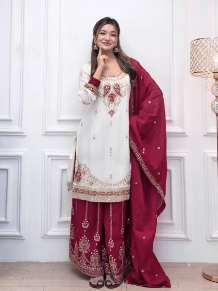 Impressive Rani Pink Ready to Wear Chinon Silk Embroidered Top Palazzo Dupatta Set Ready To Wear Collection