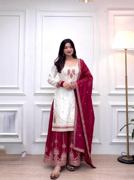 Impressive Rani Pink Ready to Wear Chinon Silk Embroidered Top Palazzo Dupatta Set Ready To Wear Collection