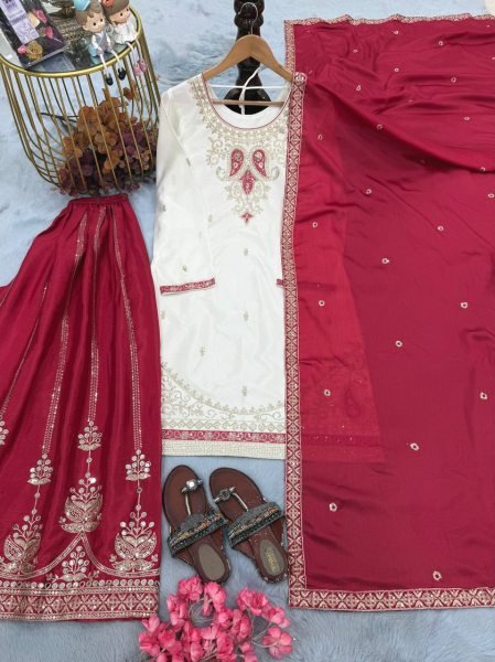 Impressive Rani Pink Ready to Wear Chinon Silk Embroidered Top Palazzo Dupatta Set Ready To Wear Collection