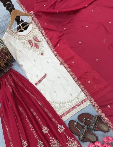 Impressive Rani Pink Ready to Wear Chinon Silk Embroidered Top Palazzo Dupatta Set Ready To Wear Collection