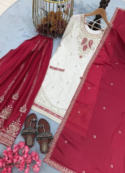 Impressive Rani Pink Ready to Wear Chinon Silk Embroidered Top Palazzo Dupatta Set Ready To Wear Collection