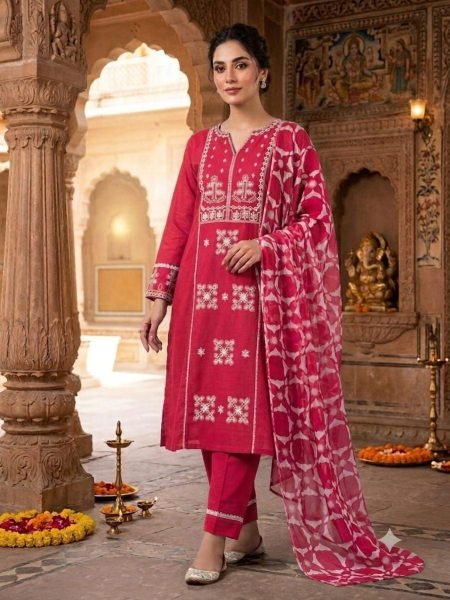 Impressive Rani Pink Slub Cotton Kurta Set with 3/4 Sleeves for Summer Collection 
