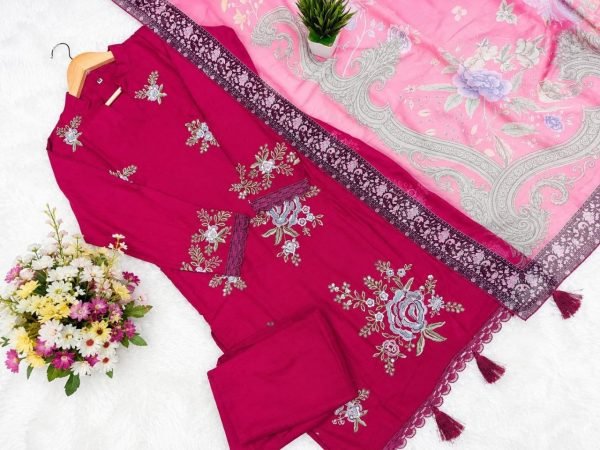  Impressive Red  Heavy Viscose Rayon Embroidered Kurti Pant Set with Teby Silk Digital Print Dupatta for Women Embroidery Kurtis 