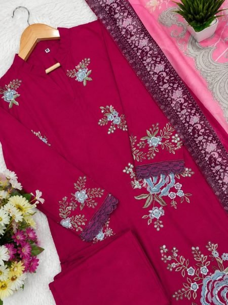  Impressive Red  Heavy Viscose Rayon Embroidered Kurti Pant Set with Teby Silk Digital Print Dupatta for Women Embroidery Kurtis 