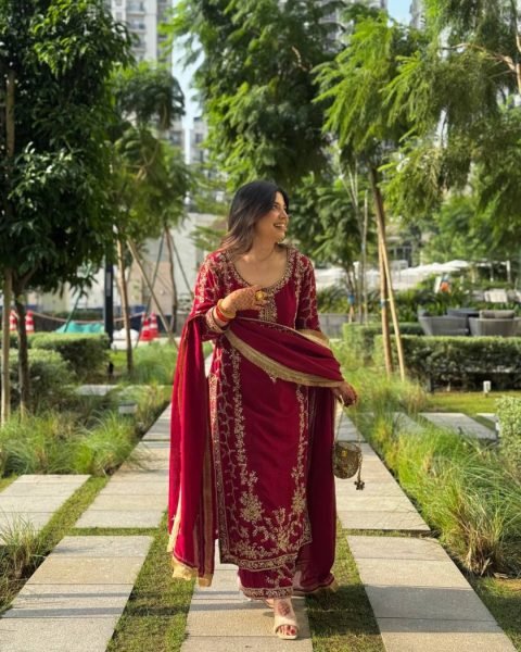 Impressive Red kurta Intricate Thread with Sequnce work Plazoo and dupatta with fancy lace detailing Ready To Wear Suit