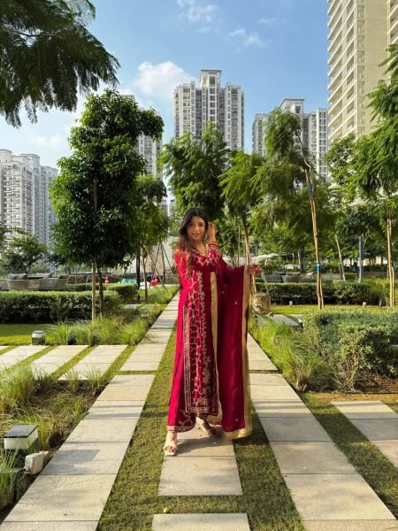 Impressive Red kurta Intricate Thread with Sequnce work Plazoo and dupatta with fancy lace detailing Ready To Wear Collection
