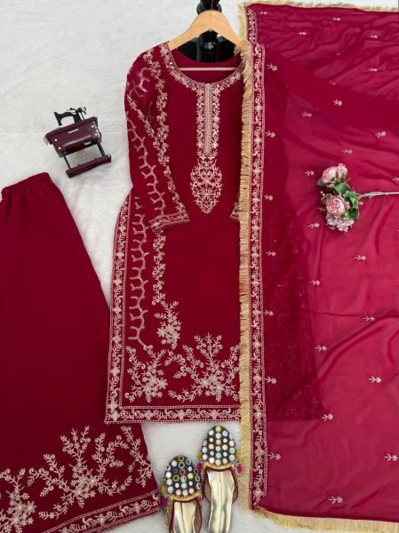 Impressive Red kurta Intricate Thread with Sequnce work Plazoo and dupatta with fancy lace detailing Ready To Wear Collection