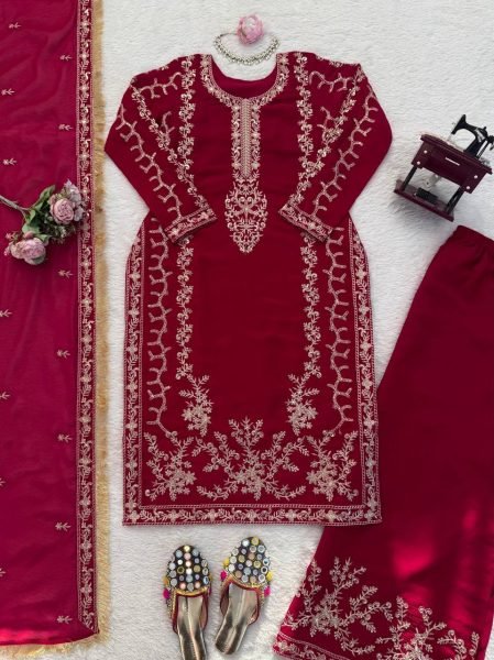 Impressive Red kurta Intricate Thread with Sequnce work Plazoo and dupatta with fancy lace detailing Ready To Wear Collection