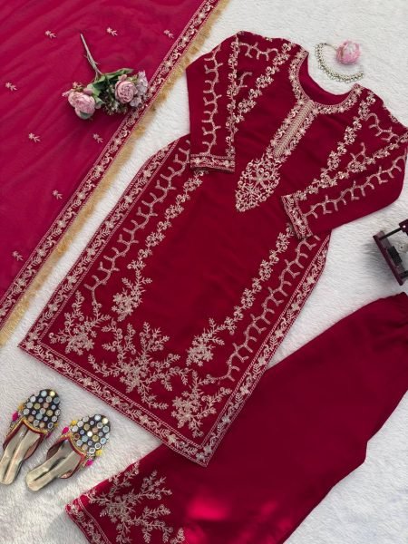 Impressive Red kurta Intricate Thread with Sequnce work Plazoo and dupatta with fancy lace detailing Ready To Wear Collection
